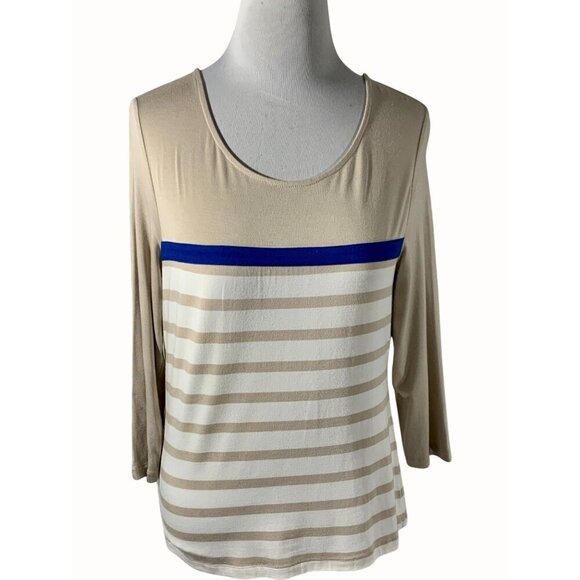 Chicos Womens Small Beige Blue Scoop Neck Stretch Quarter Sleeve Striped Top - Picture 1 of 9